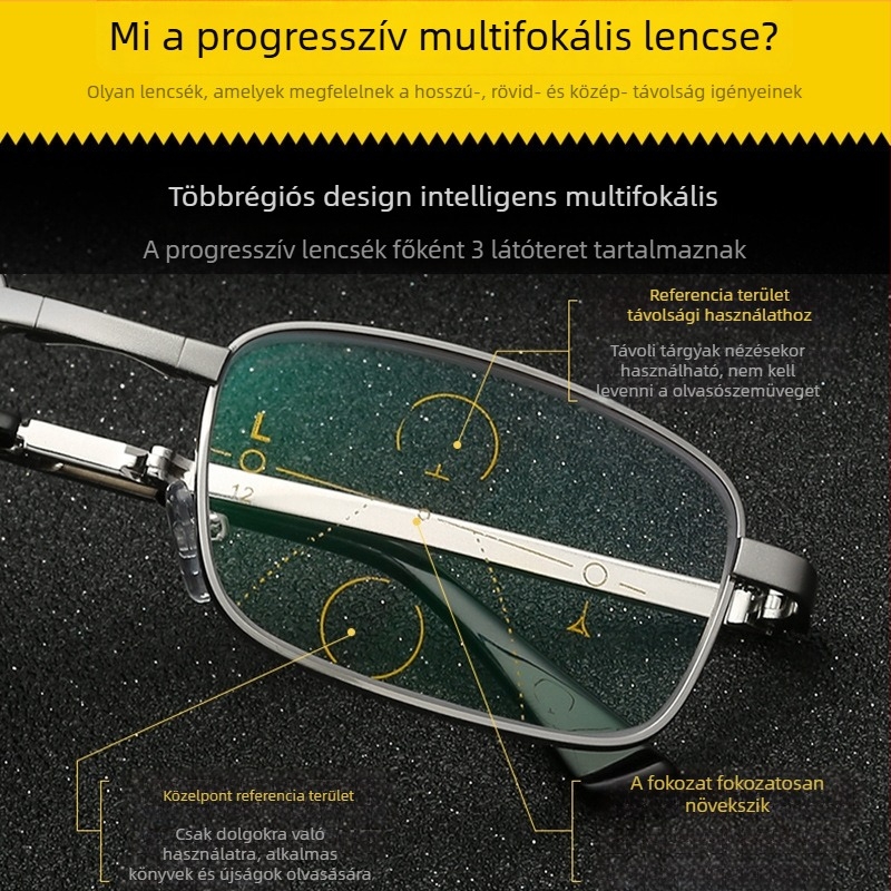 Összecsukható progresszív multifokális szemüveg presbiopiához fotókróm lencsékkel, kékfény-szűrővel és aszferikus lencsékkel