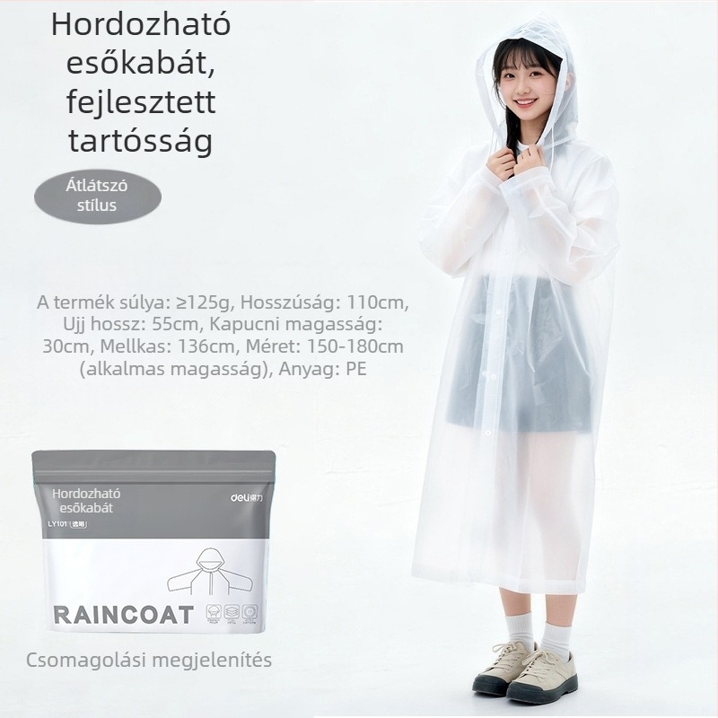 Egyszer használatos felnőtt esőkabát, ideális utazásokhoz és túrákhoz, PE anyagból, PE ragasztó réteggel vízálló, normál vastagságú, egyszemélyes poncsó