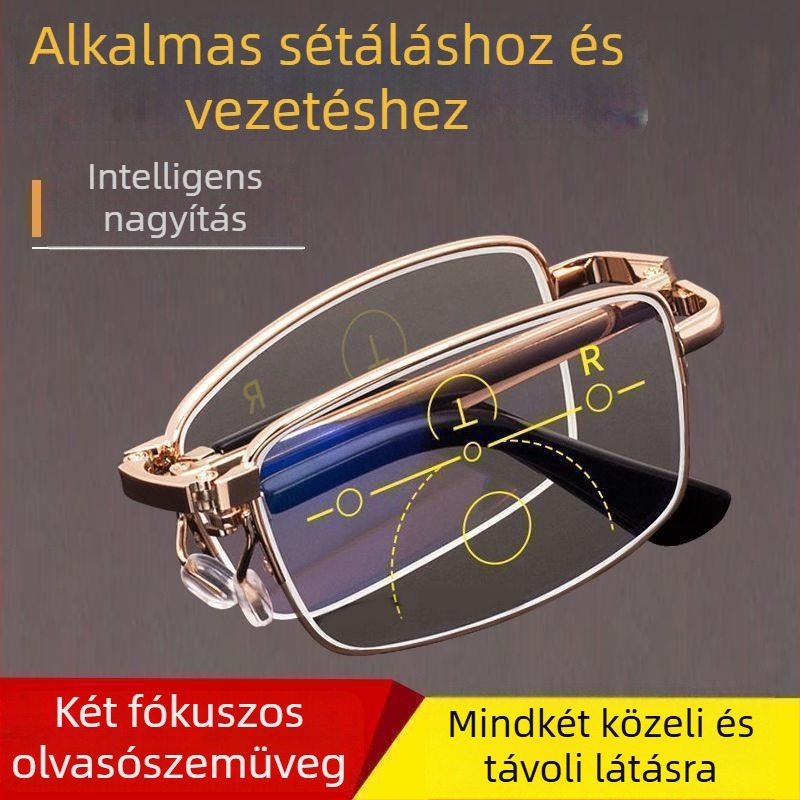 Uniszex olvasószemüveg fém keretben, összecsukható, lencsék rezinából, anti-radiációs, multifokális, teljes keret, távolság/közel kettős használat