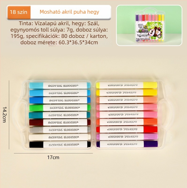 Dobozos akril puha hegyű marker készlet - víz alapú, vonalvastagság 1-6 mm, egyoldalas