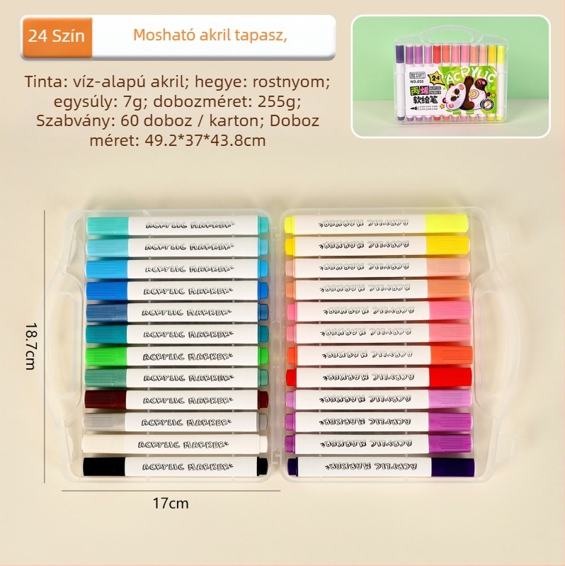 Dobozos akril puha hegyű marker készlet - víz alapú, vonalvastagság 1-6 mm, egyoldalas