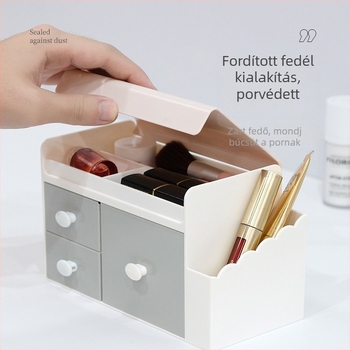 Asztali tároló rendező fiókkal és fedéllel, tolltartóval – modell 5015, PS műanyag, kapacitás 1 L, méretek 18,6 × 10 × 11,1 cm, japán stílus