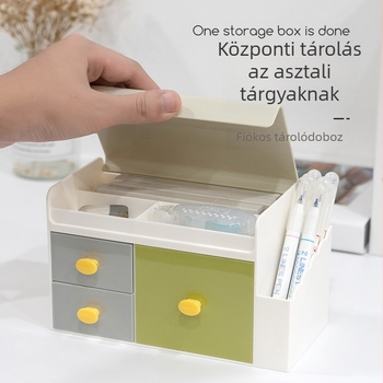 Asztali tároló rendező fiókkal és fedéllel, tolltartóval – modell 5015, PS műanyag, kapacitás 1 L, méretek 18,6 × 10 × 11,1 cm, japán stílus