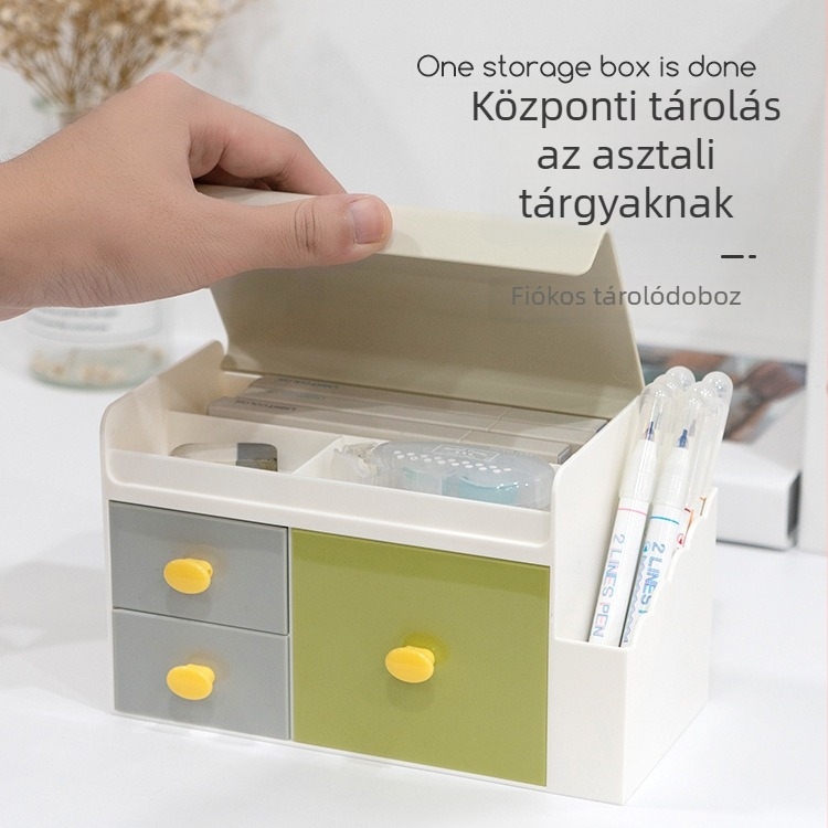 Asztali tároló rendező fiókkal és fedéllel, tolltartóval – modell 5015, PS műanyag, kapacitás 1 L, méretek 18,6 × 10 × 11,1 cm, japán stílus