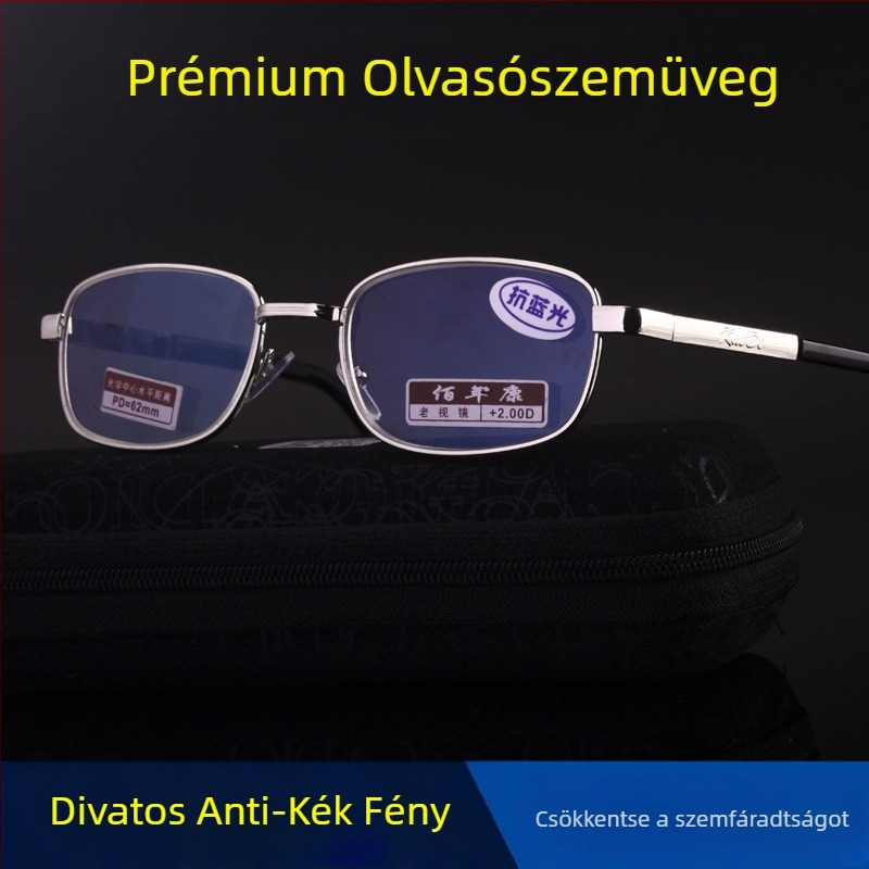 Fém keretű olvasó szemüveg gyanta lencsékkel, anti-kék fény védelem, négyszögletes teljes keret, uniszex, myopia-kompatibilis