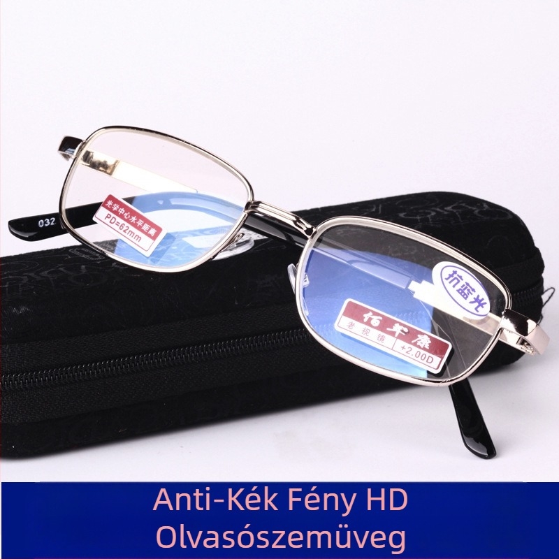 Fém keretű olvasó szemüveg gyanta lencsékkel, anti-kék fény védelem, négyszögletes teljes keret, uniszex, myopia-kompatibilis
