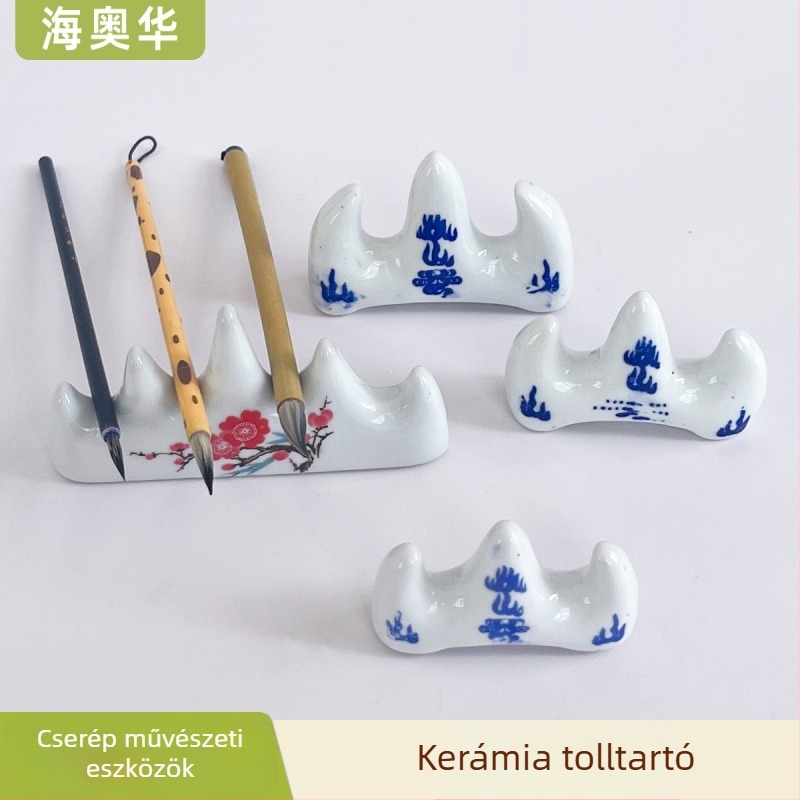 Kerámia hegy alakú ecset- és tolltartó, kék-fehér porcelán stílusban, festéshez és művészeti oktatáshoz