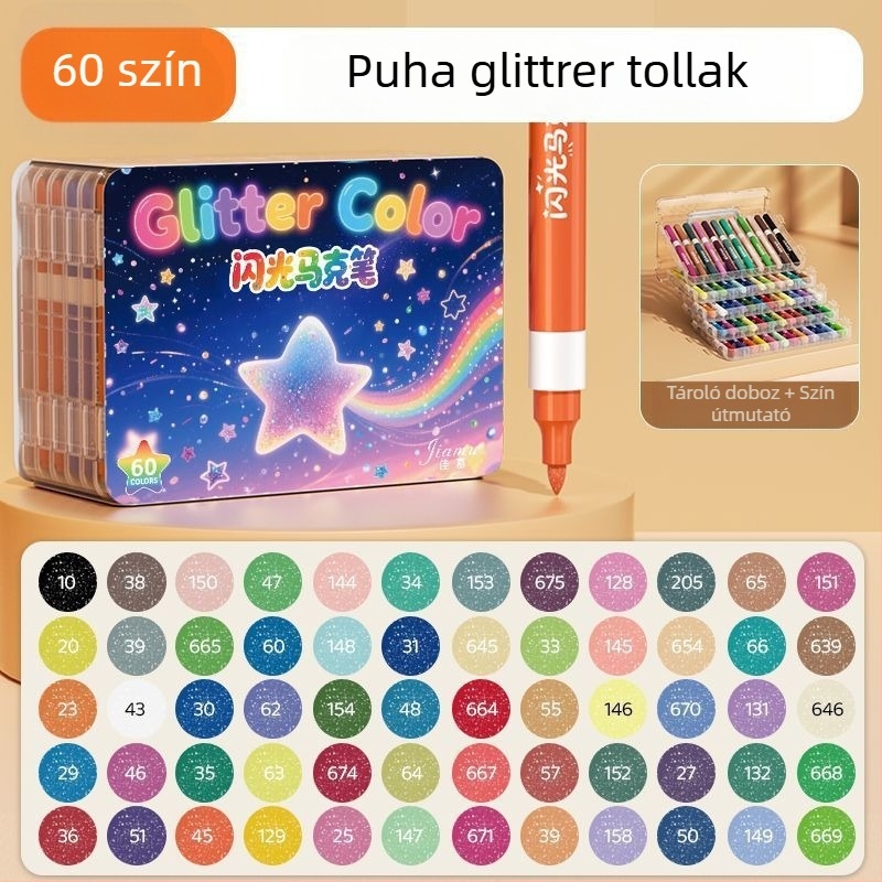 Puha végű glitter marker toll, perles-szerű akvarellhatás, általános iskolásoknak; márka: Egyéb