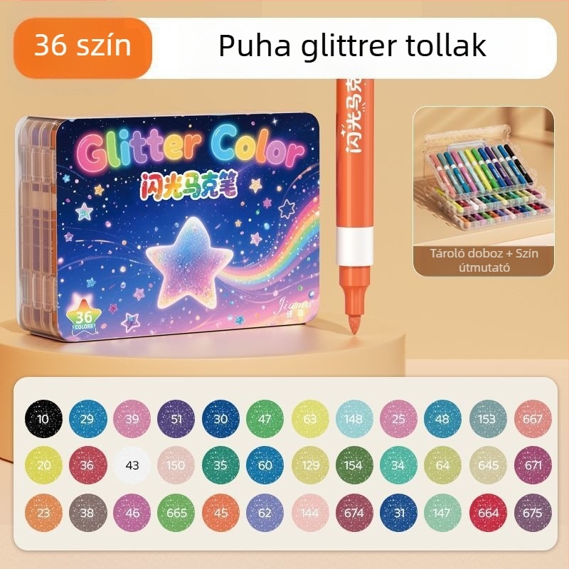 Puha végű glitter marker toll, perles-szerű akvarellhatás, általános iskolásoknak; márka: Egyéb