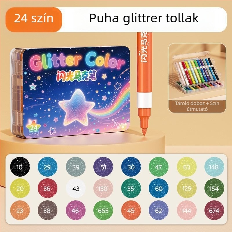 Puha végű glitter marker toll, perles-szerű akvarellhatás, általános iskolásoknak; márka: Egyéb