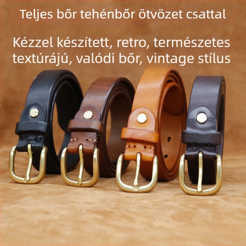 Valódi bőr öv réz csattal, tűcsattal, első réteg tehénbőrből, szélesség 2–4 cm