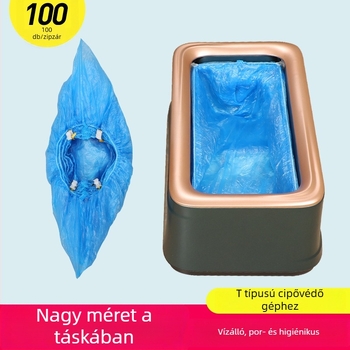 T-alakú csat az iz cipővédő géphez nem szőtt anyagból, vastagított műanyag, vízálló, logó nyomtatott, biológiailag lebomló