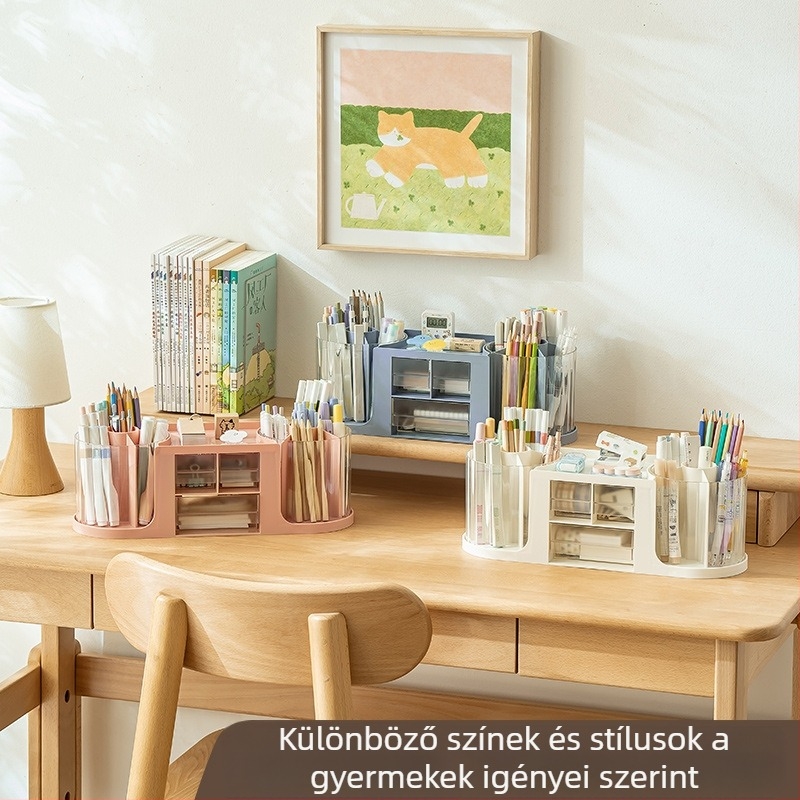 Nagykapacitású tolltartó, fiókkal és dupla forgó tárolóval, kör alakú asztali rendező könnyed luxus stílusban