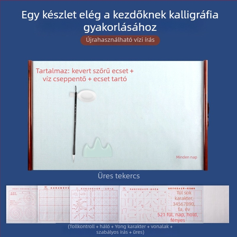Kaligráfiai gyakorló készlet vízírás vászonnal és görgős axissal (Sorozat: Water Writing Cloth; Anyag: Nyomtatott Oxford vászon; Cél: Kaligrafia gyakorlása; Forma: Téglalap)