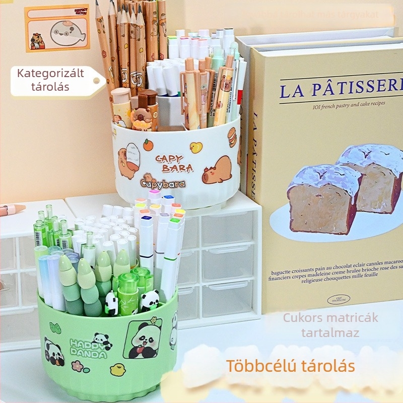 Forgó tolltartó nagy kapacitással, műanyagból, kör alakú, asztali használatra, logónyomás lehetőség, modell 01