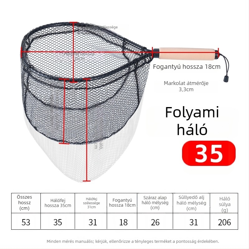 Kézben tartható patak menti háló — ultrakönnyű szén-ötvözet, 35 cm nyílás átmérője, 30 cm hálómélység, vékony szemű háló, terhelhetőségben kiemelkedő