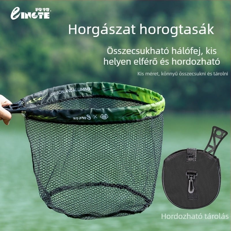Összecsukható kézi horgász háló készlet – 34 cm átmérőjű nyílás, 28 cm mélység, vastag hálóval és fém kerettel.