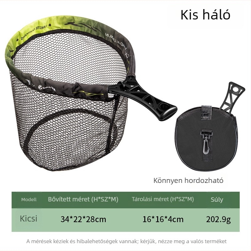 Összecsukható kézi horgász háló készlet – 34 cm átmérőjű nyílás, 28 cm mélység, vastag hálóval és fém kerettel.