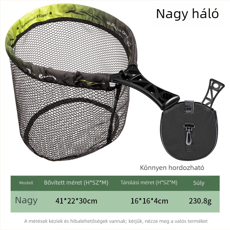 Összecsukható kézi horgász háló készlet – 34 cm átmérőjű nyílás, 28 cm mélység, vastag hálóval és fém kerettel.