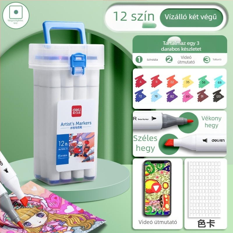 Deli 70816 Gyerekeknek mosható akvarell markerok, műanyag ház, alapcsomagolás