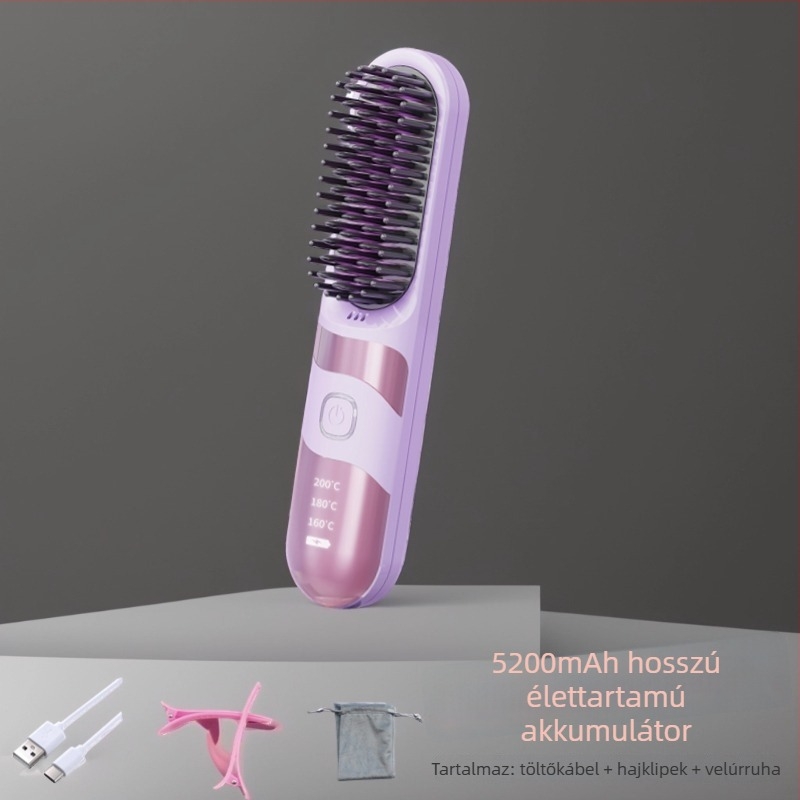 Vezeték nélküli turmalin-kerámia hajegyenesítő és göndörítő fésű, dupla használat, 3 hőmérséklet-beállítás, 30W, LCD kijelző