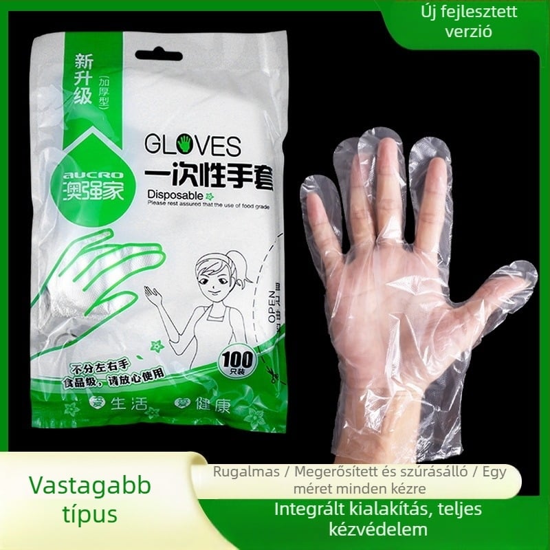 Egyszer használatos PE élelmiszer-minőségű kesztyűk konyhai használatra, 100 darabos csomag, átlátszó, vastagság 0.05-0.1 mm
