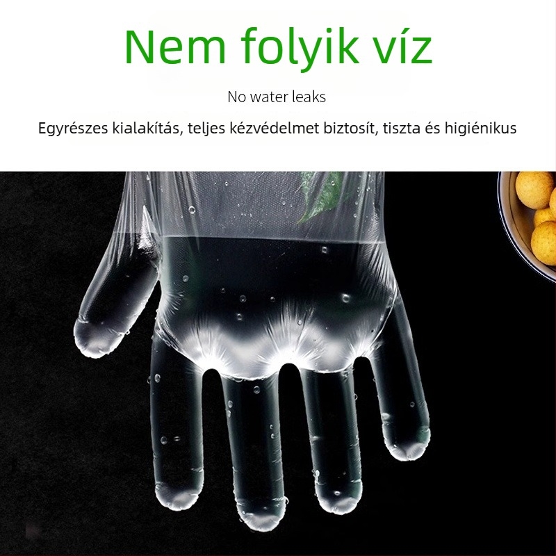 Egyszer használatos PE élelmiszer-minőségű kesztyűk konyhai használatra, 100 darabos csomag, átlátszó, vastagság 0.05-0.1 mm