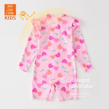 Lányoknak szóló hosszú ujjú fürdőruha napvédő funkcióval – Korean Heart dizájn, 83% poliészter anyag, termékkód Hx-2520, a strandhoz, búvárkodáshoz és szörfözéshez.