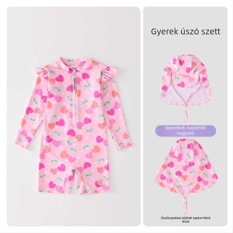 Lányoknak szóló hosszú ujjú fürdőruha napvédő funkcióval – Korean Heart dizájn, 83% poliészter anyag, termékkód Hx-2520, a strandhoz, búvárkodáshoz és szörfözéshez.