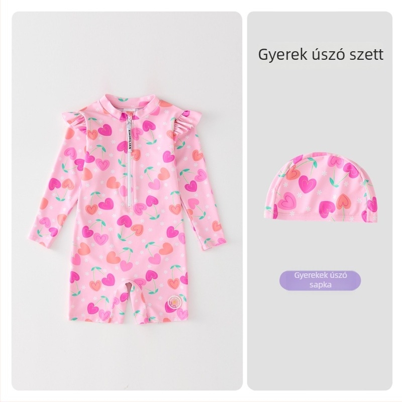 Lányoknak szóló hosszú ujjú fürdőruha napvédő funkcióval – Korean Heart dizájn, 83% poliészter anyag, termékkód Hx-2520, a strandhoz, búvárkodáshoz és szörfözéshez.