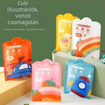 Egyszer használatos gyerek esőponcho, teljes hosszúságú, rajzfilmszerű stílus, vastag verzió