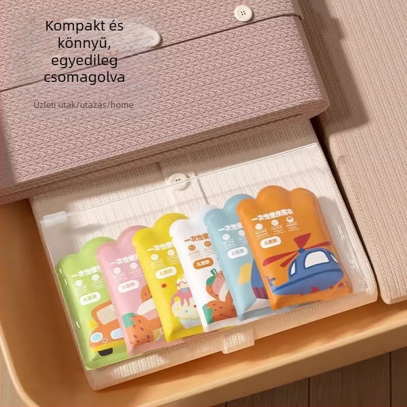 Egyszer használatos gyerek esőponcho, teljes hosszúságú, rajzfilmszerű stílus, vastag verzió