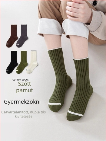 Kisgyermekek pamut zokni őszi–téli időszakra, dupla tű kötés, natúr fa szín, középmagas hosszúságú, 6–12 évesek.