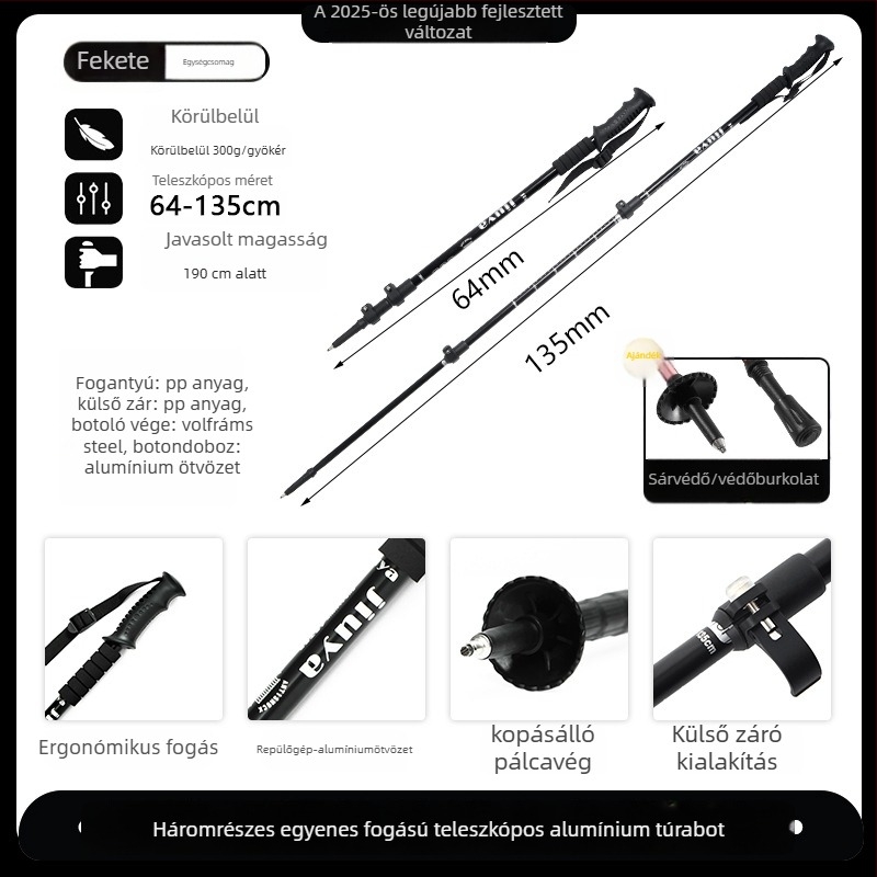 Uniszex alumíniumötvözetes teleszkópos trekking botok külső zárással, 400 g, wolframsztál csúcs, egyenes markolat