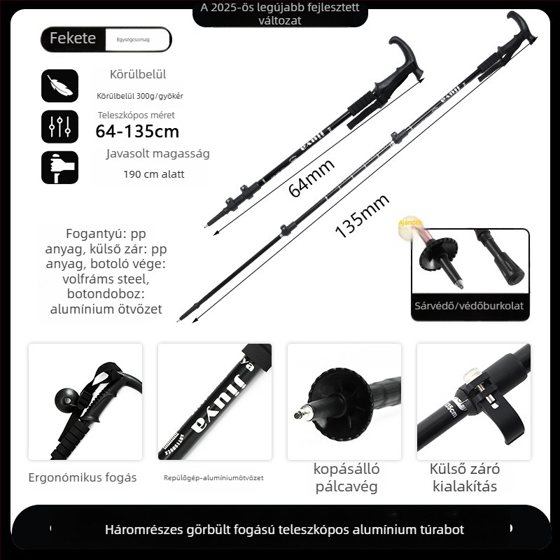 Uniszex alumíniumötvözetes teleszkópos trekking botok külső zárással, 400 g, wolframsztál csúcs, egyenes markolat