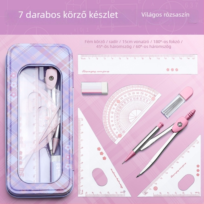 Rajztű készlet körzővel és háromszög vonalzóval – műanyag, modell MS-179F, nettó tömeg 140