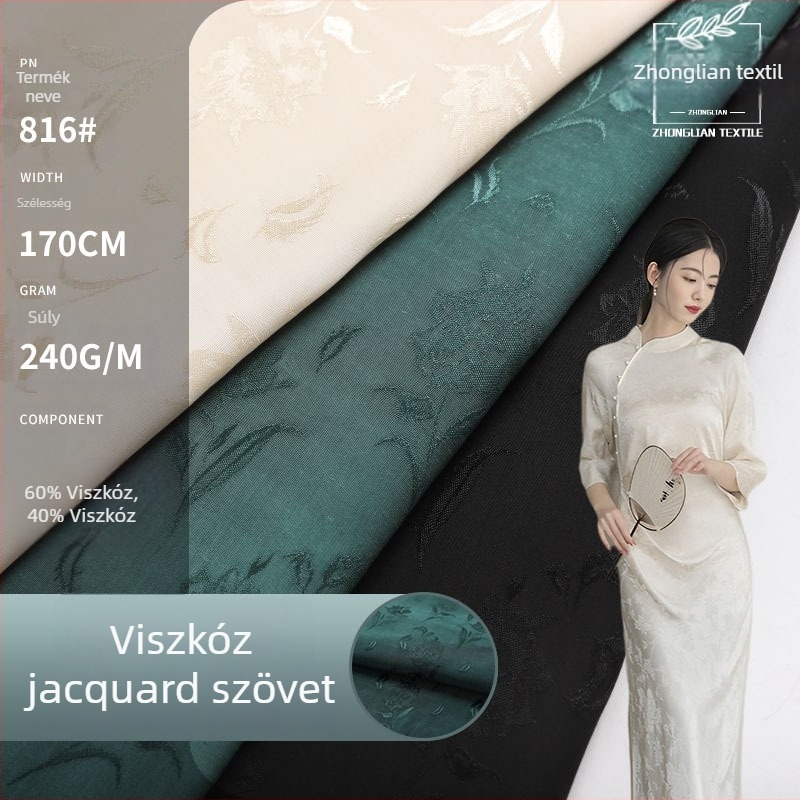 Jacquard damaszt anyag - rayon viszkóz keverék, virágos klaszter minta, alkalmas cheongsam és Hanfu ruhákhoz, négy évszak