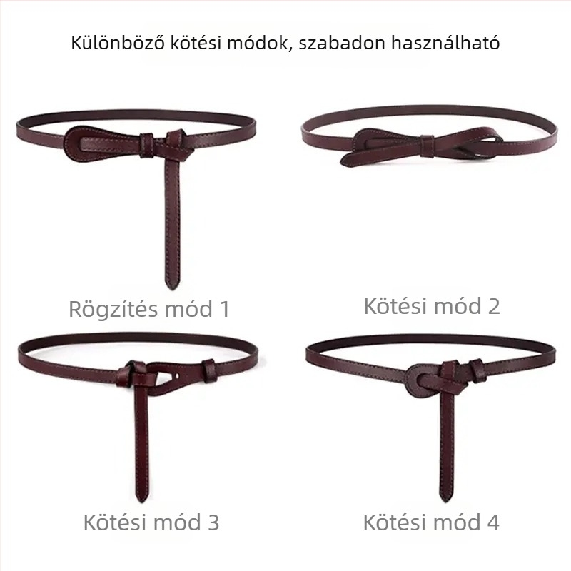 Női valódi bőrből készült öv díszes csomóval, vékony szélességű (<2 cm), ideális ruhákhoz és pulóverekhez; csat: PU műbőr