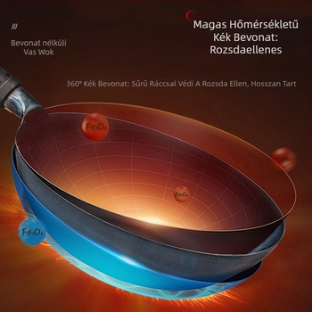 Kovácsolt vasból készült wok dupla aljzattal, bevonat nélkül, üvegfedővel, univerzálisan használható gáz- és indukciós főzőlaphoz