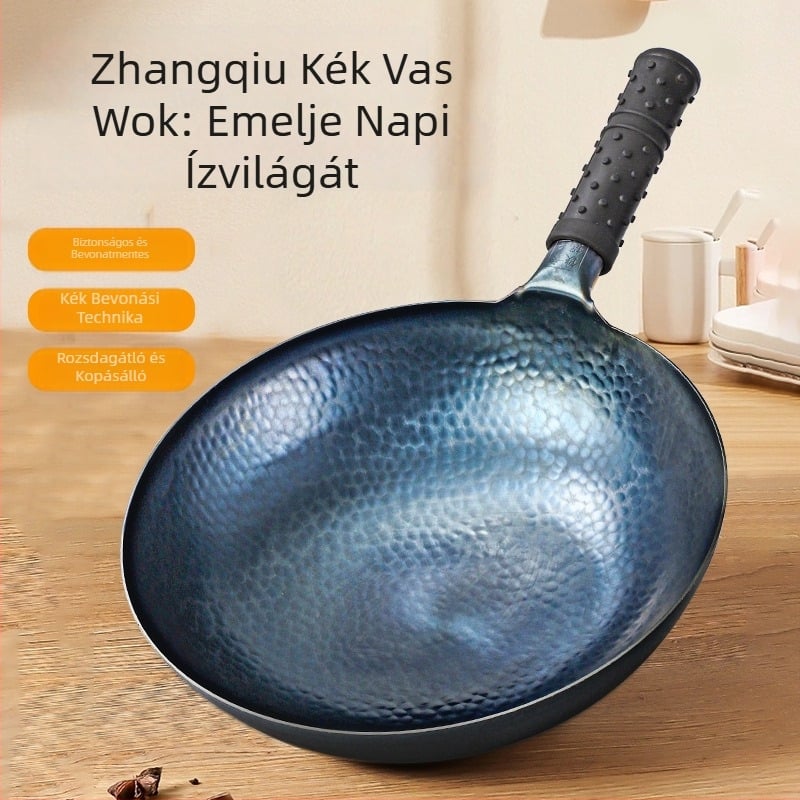 Kovácsolt vasból készült wok dupla aljzattal, bevonat nélkül, üvegfedővel, univerzálisan használható gáz- és indukciós főzőlaphoz