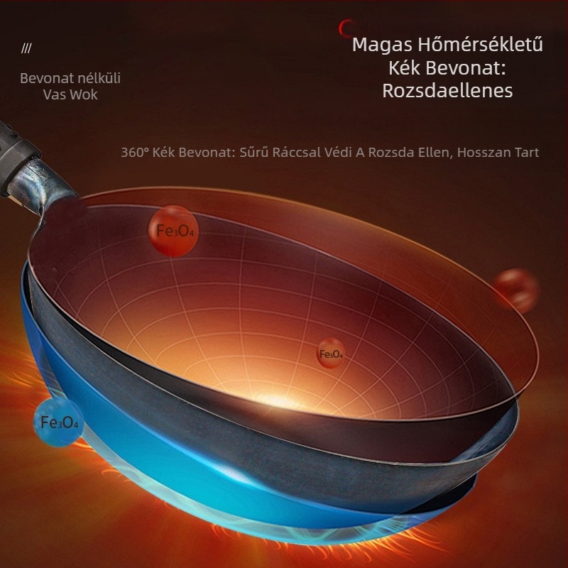 Kovácsolt vasból készült wok dupla aljzattal, bevonat nélkül, üvegfedővel, univerzálisan használható gáz- és indukciós főzőlaphoz