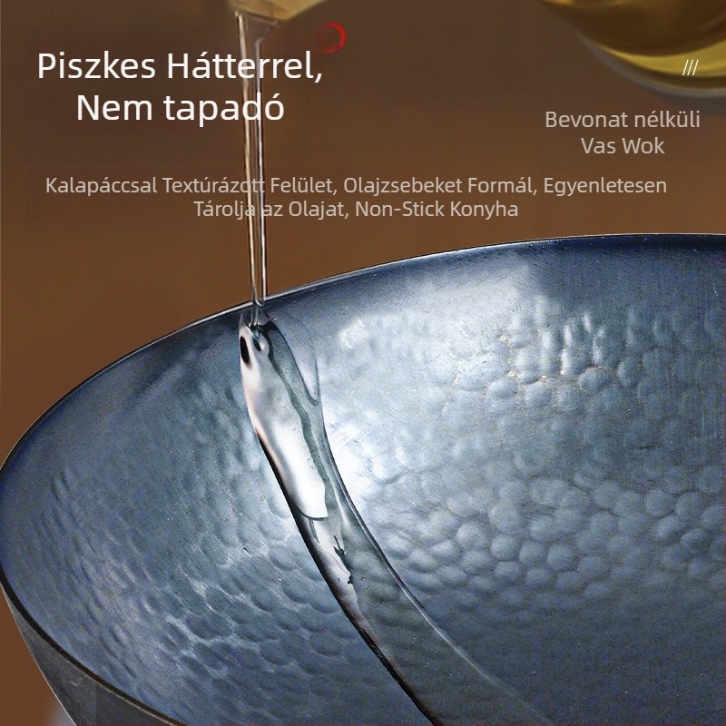 Kovácsolt vasból készült wok dupla aljzattal, bevonat nélkül, üvegfedővel, univerzálisan használható gáz- és indukciós főzőlaphoz