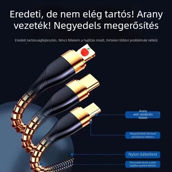 3 az 1-ben adatkábel 66W gyors töltéssel és LED kijelzővel Apple, Huawei és Xiaomi számára (autóhasználatra) – Lightning, Micro USB, Type-C, fonott kábel