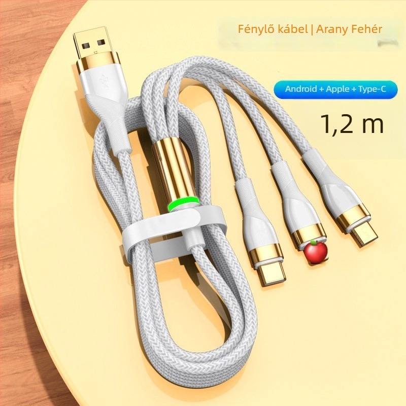 3 az 1-ben adatkábel 66W gyors töltéssel és LED kijelzővel Apple, Huawei és Xiaomi számára (autóhasználatra) – Lightning, Micro USB, Type-C, fonott kábel