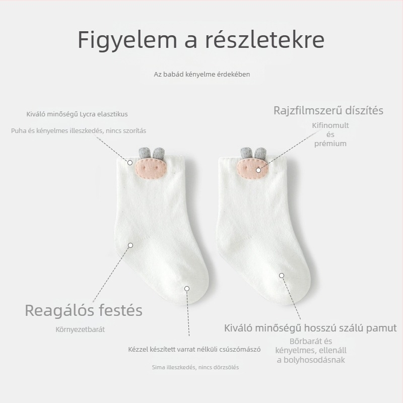 Újszülött zokni – Koreai stílusú, aranyos rajzfilm mintával, fésült pamutból, rövid cső, tavasz–ősz, 0–1 év