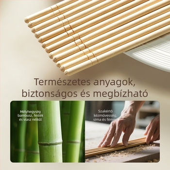 Eldobható bambusz evőpálcikák, egyenként csomagolva; 100 pár/doboz; Anyag: Moso bambusz; Mikrohullámú sütő nem alkalmas; Logó nyomtatható; Testreszabás elérhető