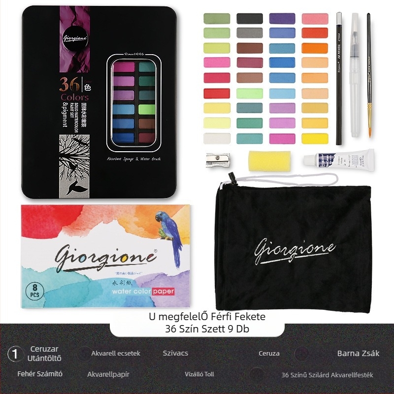 Giorgione szilárd akvarellkészlet, 9 darabos, akvarell festéshez