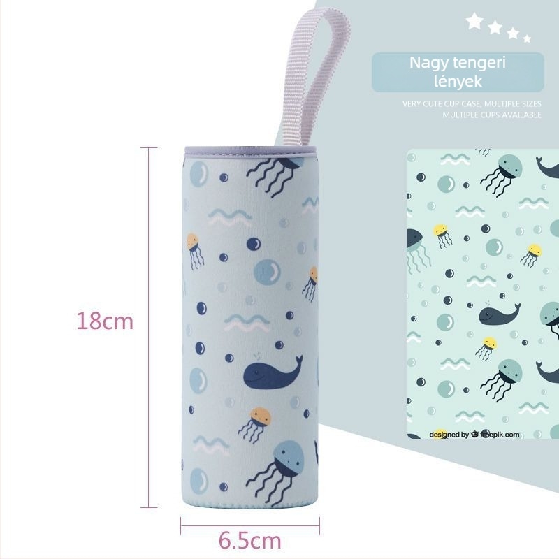 Pohárhüvely, termosz, rajzfilm-stílusú, textil anyagból, húzózsinórral