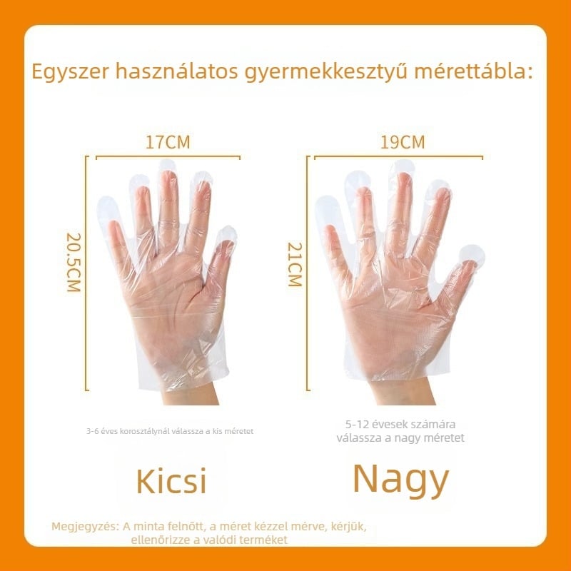 Gyermekek részére, egyszer használatos PE kesztyűk, egyedi csomagolásban, élelmiszer-minőség, átlátszó, 0,01 mm vastagság, otthoni használatra