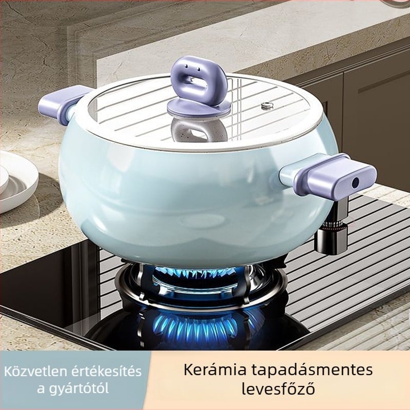 Finom vasból készült leveses fazék tapadásmentes bevonattal, 5 L kapacitás, üvegfedő, egylábas aljzat, univerzális tűzhely-kompatibilitás